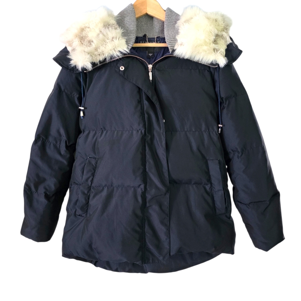 Bernardo Navy Hooded Winter Puffer Coat With Down Fill